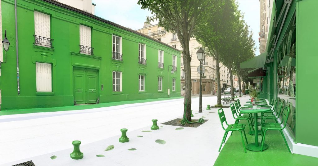 Illustration d'une expérience à Paris où la route a été peinte en blanc et les bâtiments en vert