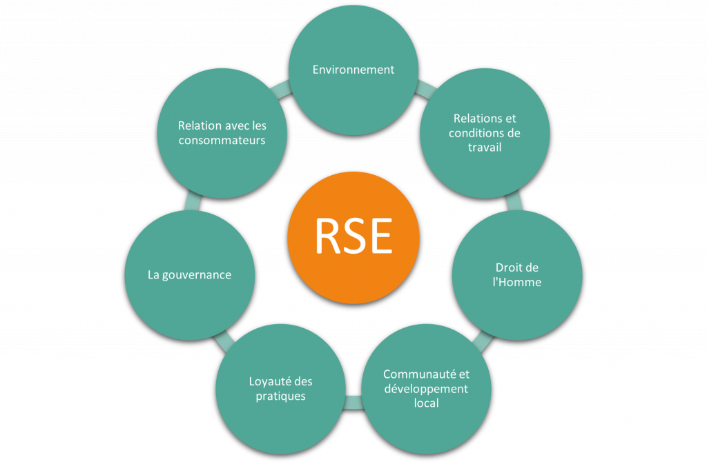 les 7 piliers de la RSE : environnement, relation avec les consommateurs, la gouvernance, loyauté des pratiques, communauté et développement local, droit de l'Homme, relations et conditions de travail