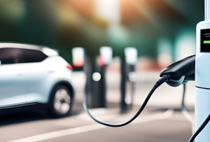 Image d'une voiture en train de se charger sur une borne de recharge présente sur la voie publique