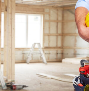 image d'un ouvrier à l'intérieur d'un chantier, au moment de la pose des plaques de plâtres aux murs