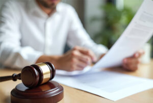 image d'une personne lisant un contrat, avec devant lui un marteau de justice