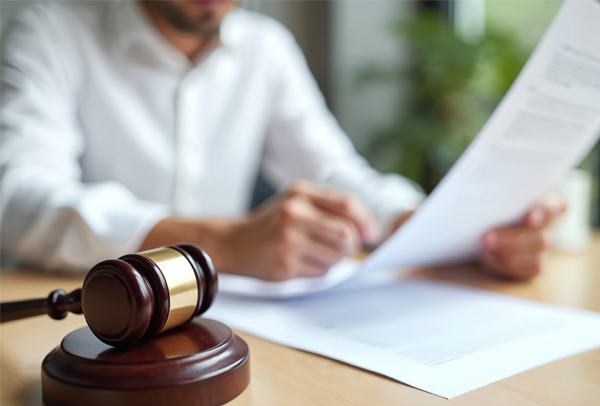 image d'une personne lisant un contrat, avec devant lui un marteau de justice