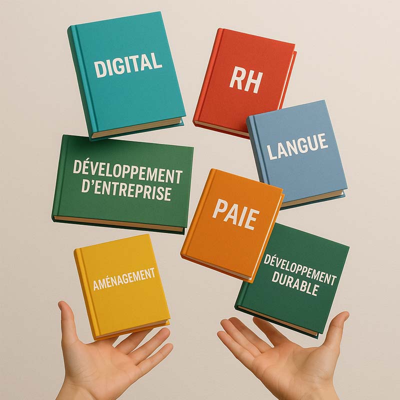 image de livres colorés en lévitation entre 2 mains, avec des titres de formation : RH, digital, paie, langue, etc.